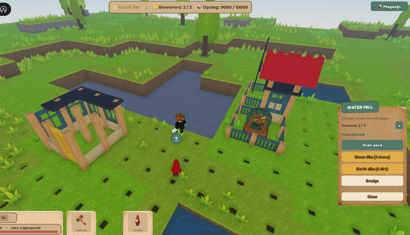 A water mill interface where players can drain ponds, build dikes, and dredge.