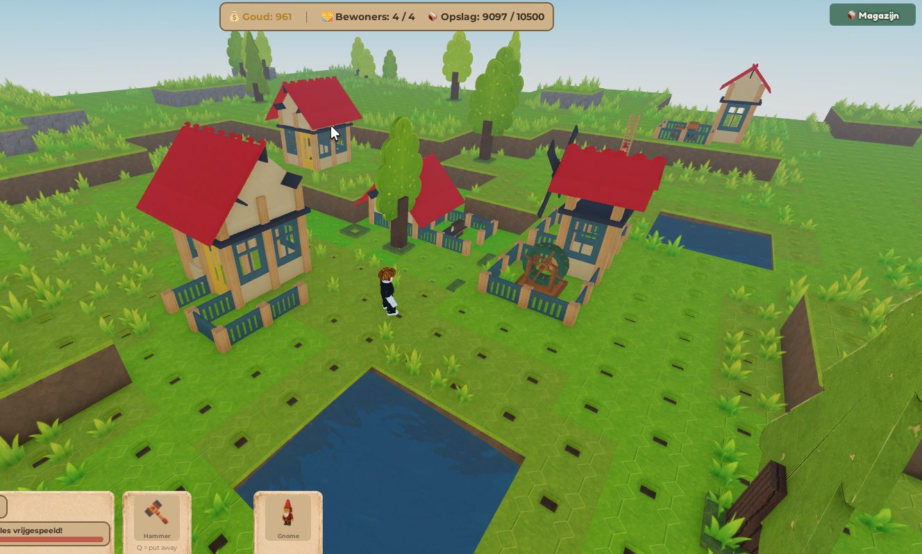 A growing Mobaco World settlement with houses and a water mill.